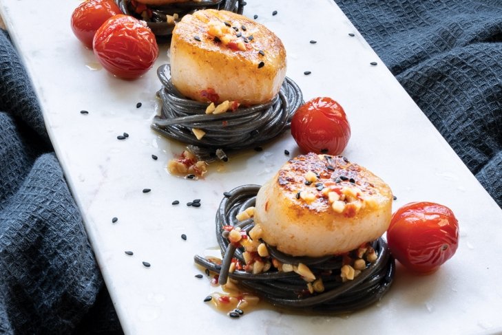 Chili Garlic Squid Ink Pasta with Seared Scallops