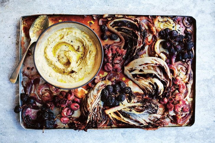 Radicchio, Grape and Balsamic Tray Bake with Bean and Rosemary Puree